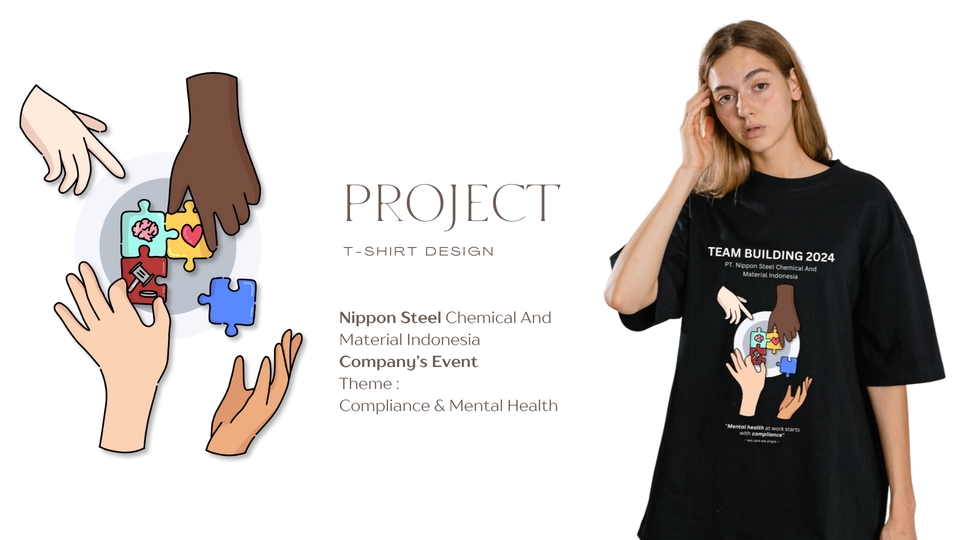 Desain kaos custom dengan tema team building dan logo puzzle, cocok untuk kaos komunitas, kaos event perusahaan, kaos promosi