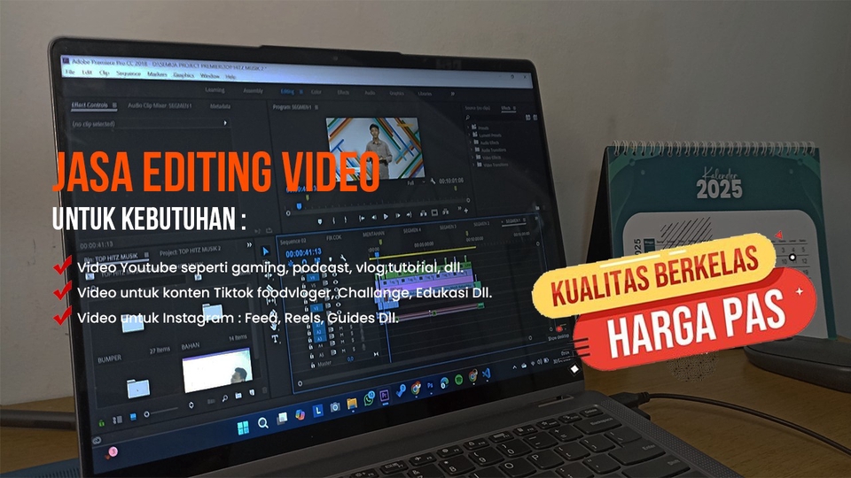 Jasa editing video profesional dengan harga terjangkau untuk YouTube, TikTok, Instagram, dan lainnya. Harga pas, kualitas berklas.