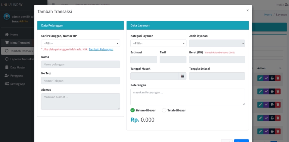 Aplikasi pembuatan software desktop dengan fitur transaksi untuk jasa laundry.