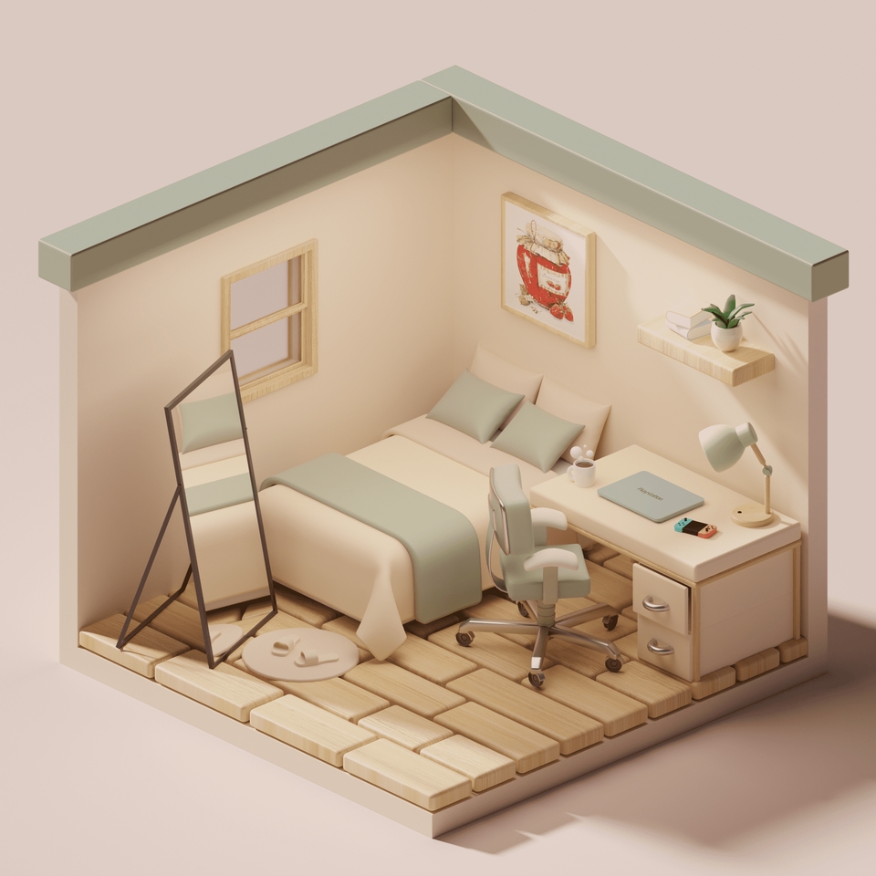 Jasa desain interior 3D untuk ruang tidur minimalis dengan warna hijau dan putih