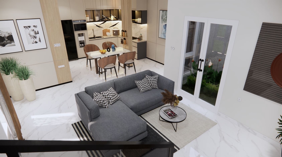 Desain interior ruang tamu minimalis dengan sofa abu-abu dan meja makan kayu.