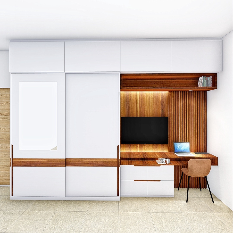 Desain lemari pakaian minimalis dengan rak tv dan meja kerja