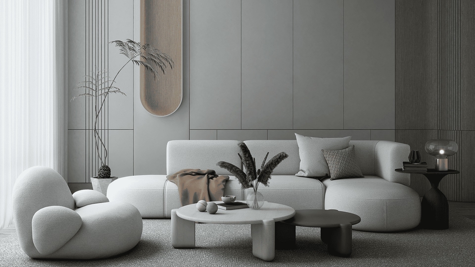 Jasa desain interior rumah minimalis modern dengan sofa putih dan meja kayu  - freelance desain interior rumah  - desain interior  - desain rumah