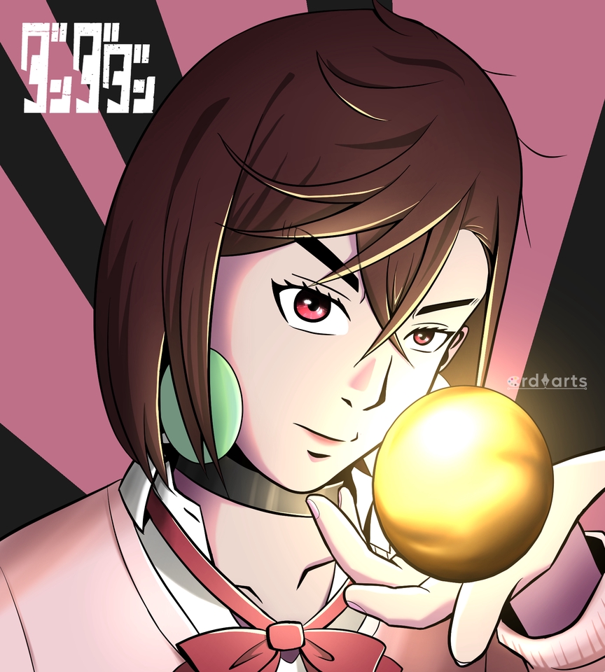 Ilustrasi seorang gadis anime dengan rambut cokelat dan mata merah muda memegang sebuah bola emas, dengan background merah muda dan putih, cocok untuk desain karakter anime.