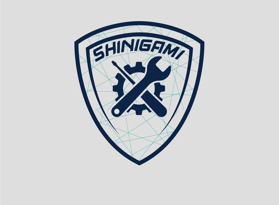 Logo Shinigami dengan desain gear dan obeng, layanan desain logo profesional