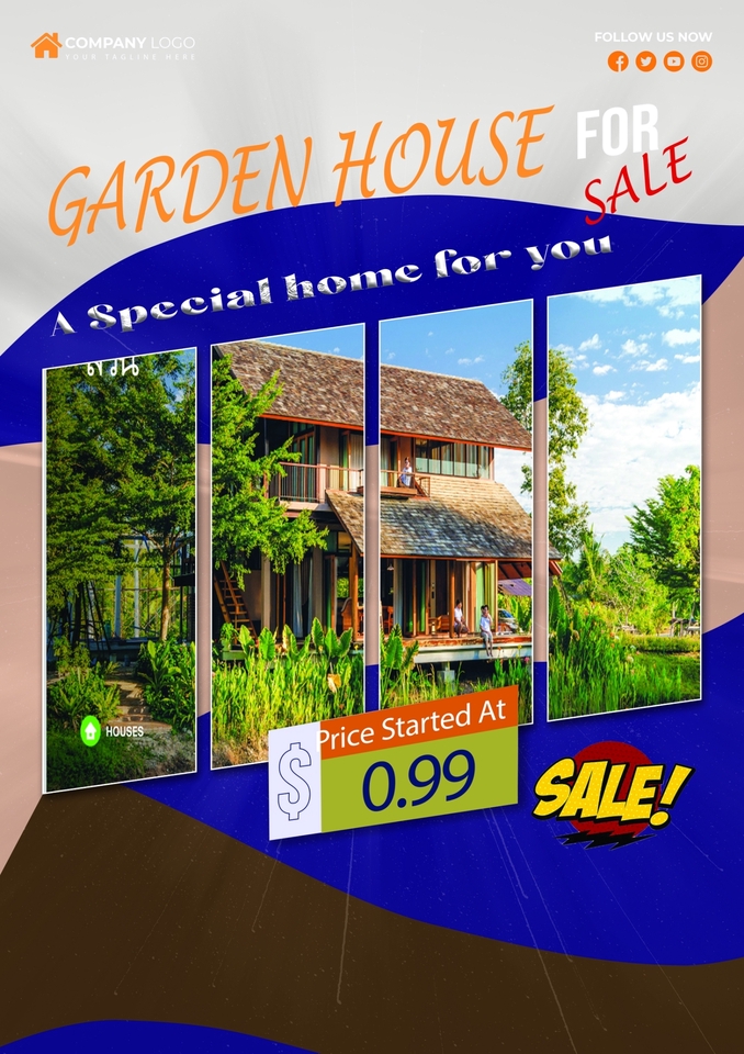 ออกแบบโปสเตอร์โฆษณา บ้านพักตากอากาศ สไตล์รีสอร์ท ราคาพิเศษ 0.99 บาท พร้อมภาพประกอบสวยงาม