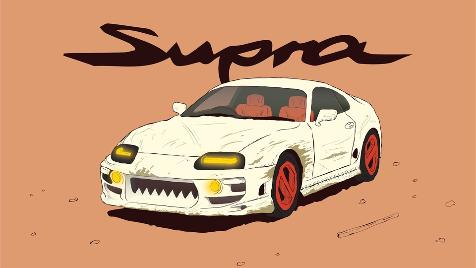 Ilustrasi mobil sport putih supura dengan latar belakang warna pink, desain gambar mobil sport, desain mobil sport, ilustrasi digital mobil sport, desain gambar kartun, jasa desain gambar kartun