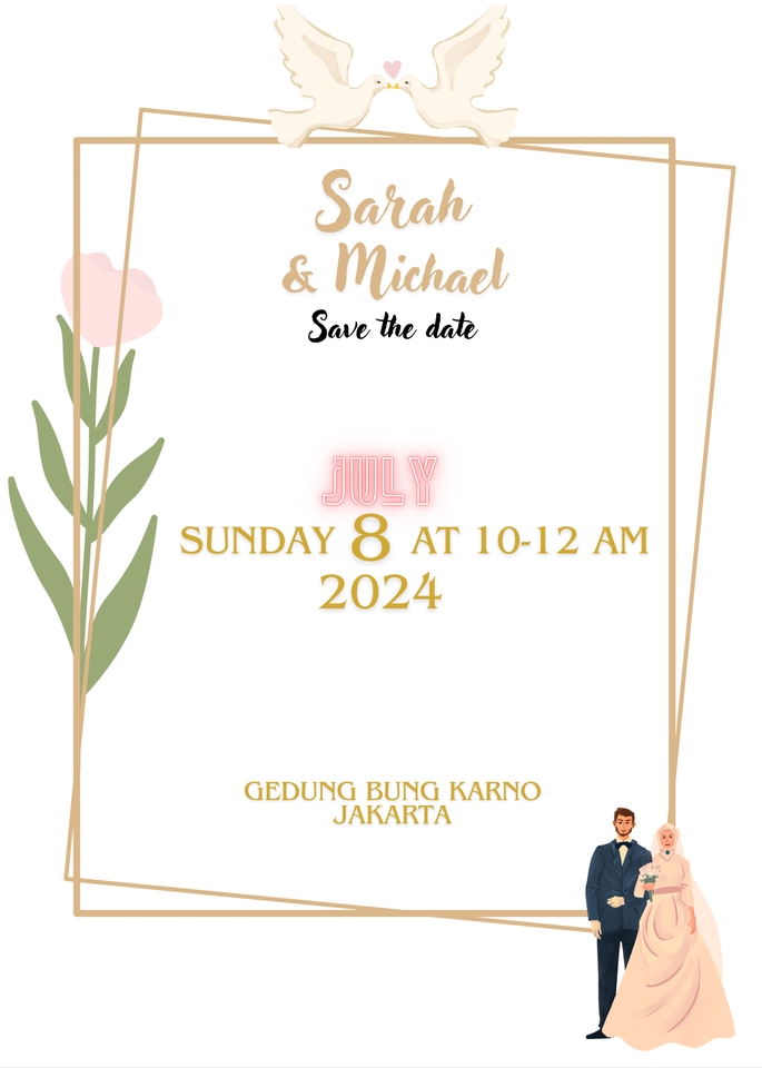 Kartu undangan pernikahan unik desain sederhana Sarah dan Michael dengan desain ilustrasi burung dan bunga pada hari Minggu 8 Juli 2024 di Gedung Bung Karno Jakarta.
