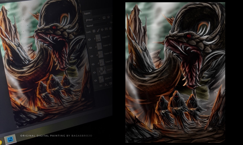 Ilustrasi digital naga hitam dengan api dan bayangan di latar belakang.