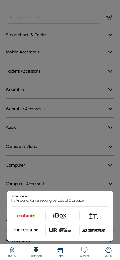 Desain antarmuka aplikasi belanja online dengan berbagai pilihan kategori dan fitur