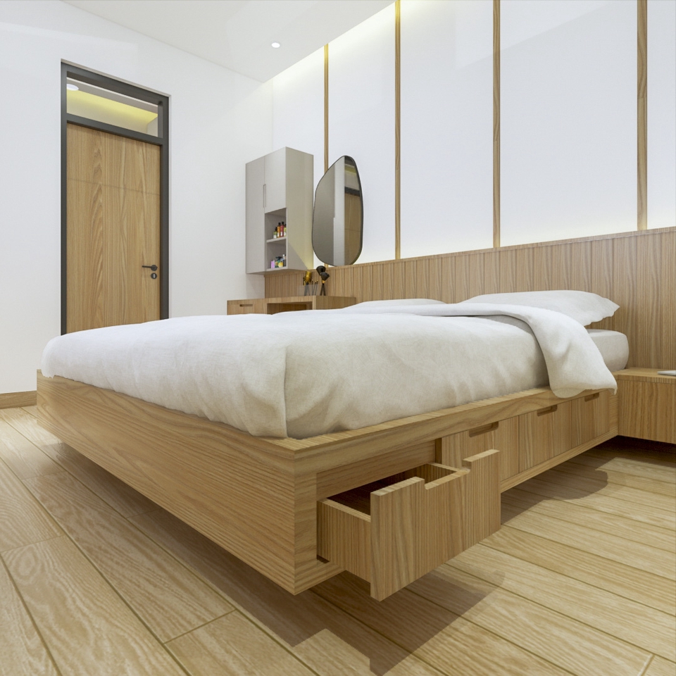 Desain interior kamar tidur minimalis dengan tempat tidur kayu dan laci penyimpanan