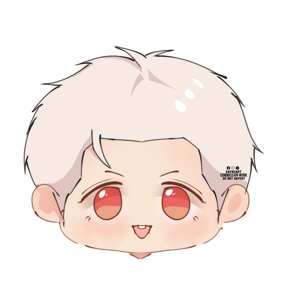 Ilustrasi kartun lucu karakter pria berambut putih dengan mata merah dan senyum