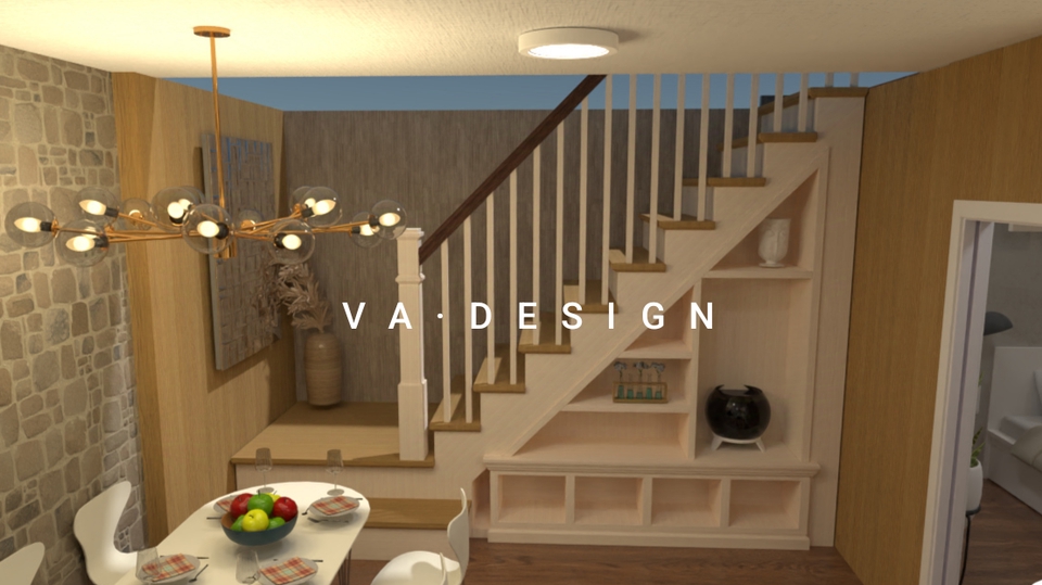 Desain lemari pakaian minimalis modern dengan rak dinding di bawah tangga, cocok untuk ruang sempit.