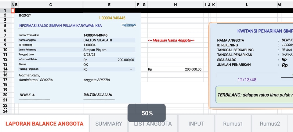 Jasa Konsultan Keuangan - Laporan Balance Anggota dan Kwitansi Penarikan Simpanan Karyawan.