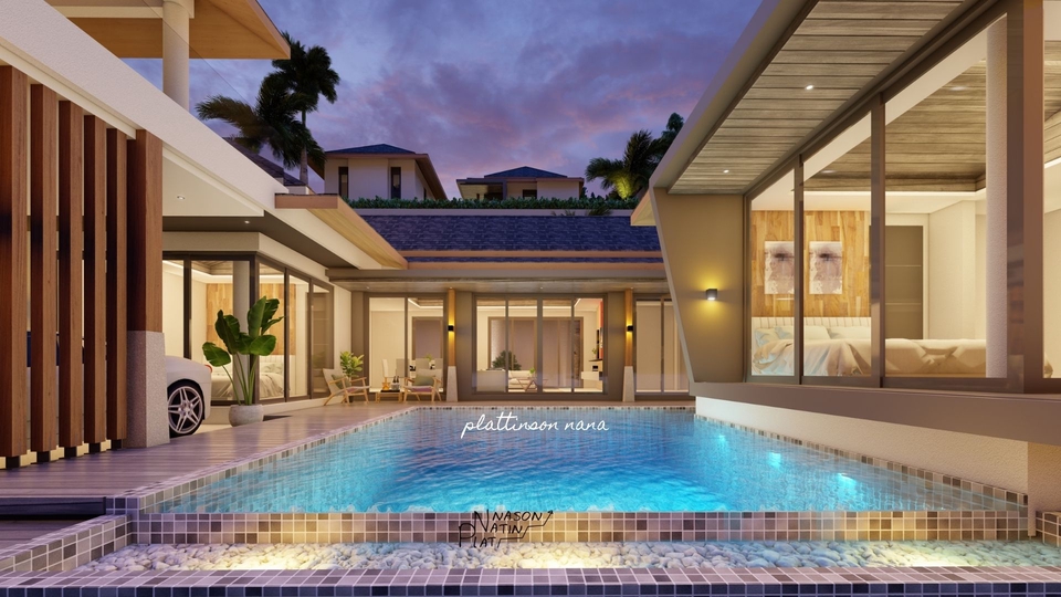 รับออกแบบตกแต่งบ้าน รีโนเวทบ้าน บ้านพักอาศัย สระว่ายน้ำ สไตล์โมเดิร์น