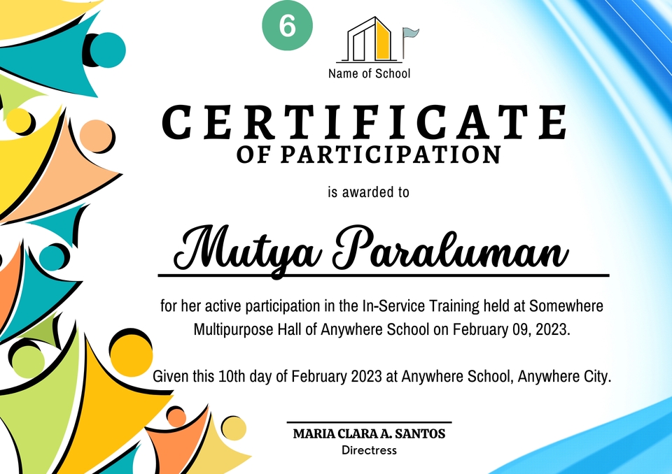 Sertifikat penghargaan untuk Mutya Paraluman atas partisipasinya dalam pelatihan In-Service Training di Aula Multiguna Sekolah Anywhere pada tanggal 09 Februari 2023.