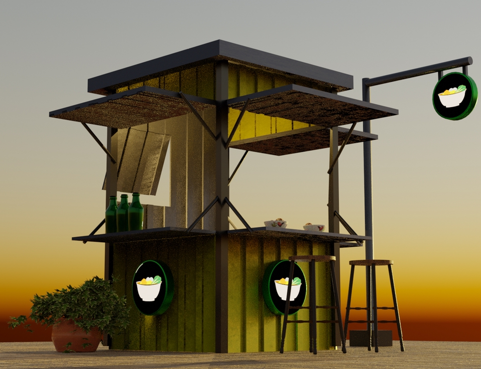 Desain 3D Kios Cafe Minimalis dengan Interior Modern dan Stand Pameran yang Unik, Jasa Desain Interior Cafe dan Stand Pameran.