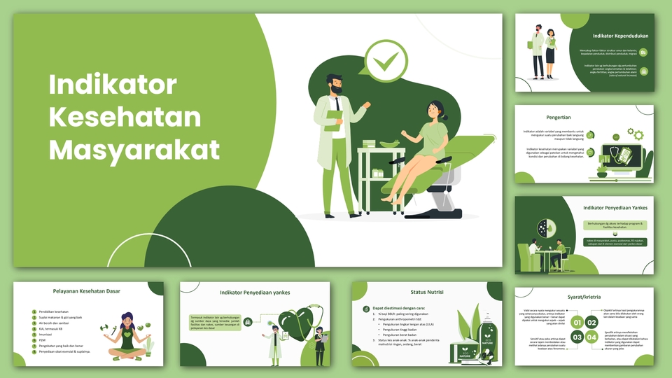 Desain presentasi indikator kesehatan masyarakat dengan template powerpoint dan ilustasi