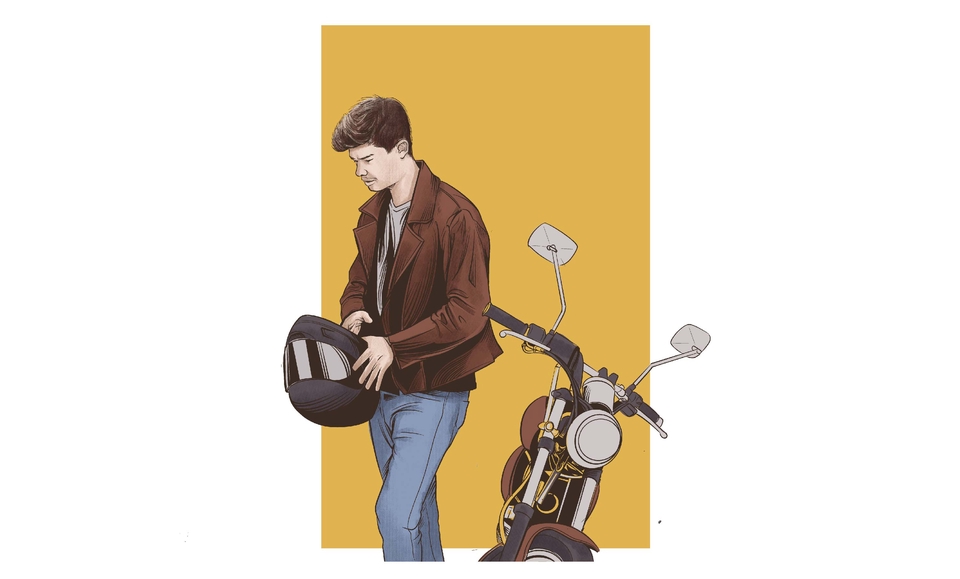 Jasa karikatur freelance, gambar karikatur wajah pria dengan motor, karikatur wajah pria motor