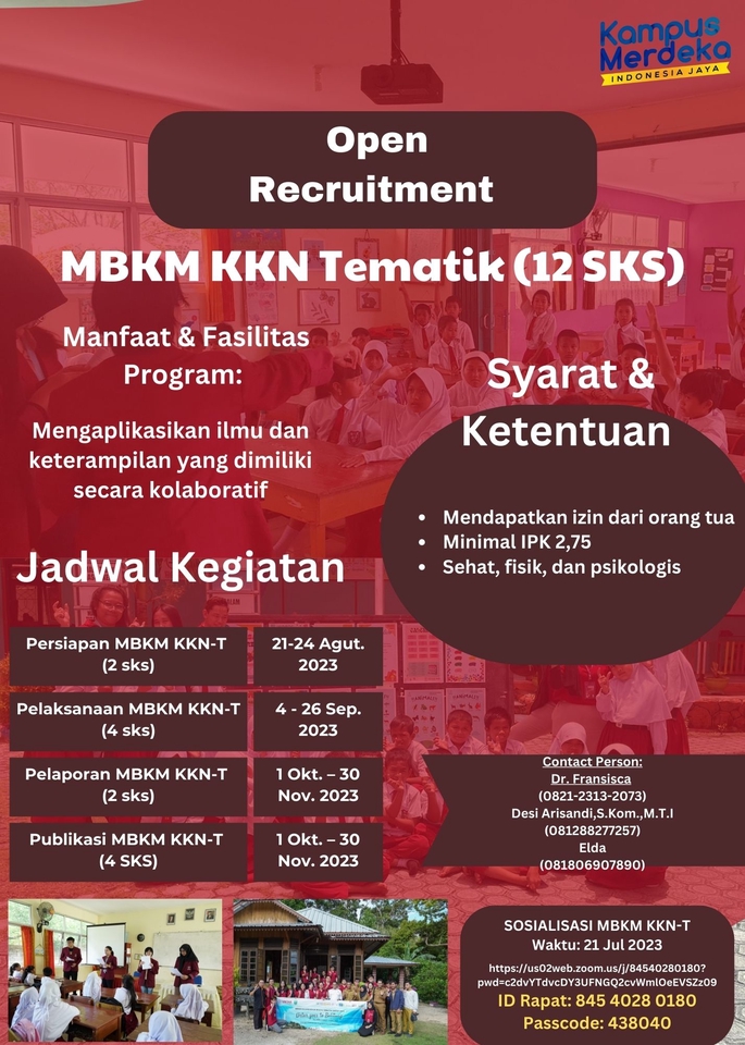 Infografis rekrutmen MBKM KKN Tematik (12 SKS) dengan jadwal kegiatan, syarat dan ketentuan, dan informasi kontak.