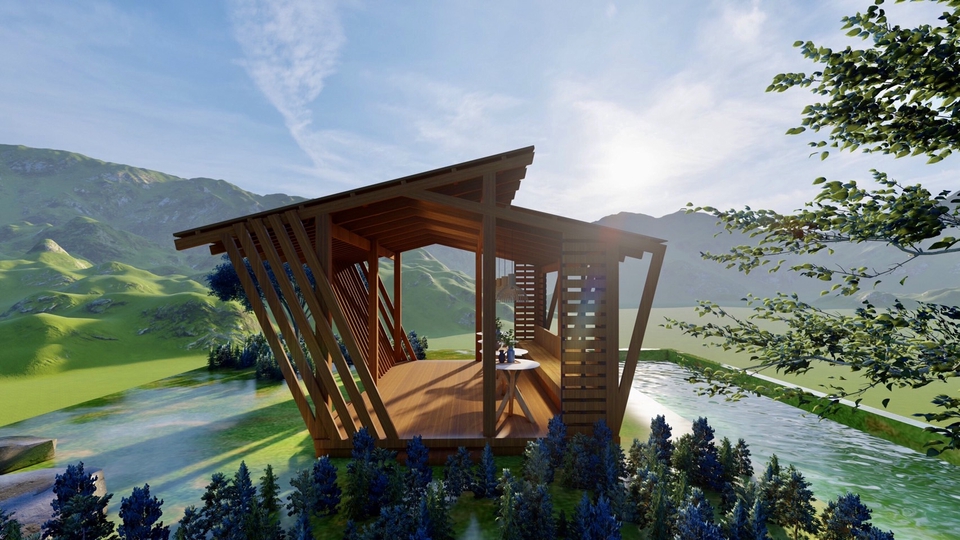 ออกแบบภูมิทัศน์และตกแต่งสวน - ออกแบบศาลาไม้ในสวน ภาพ3D ระบุวัสดุ+BOQ นำไปสร้างจริงได้ - 9