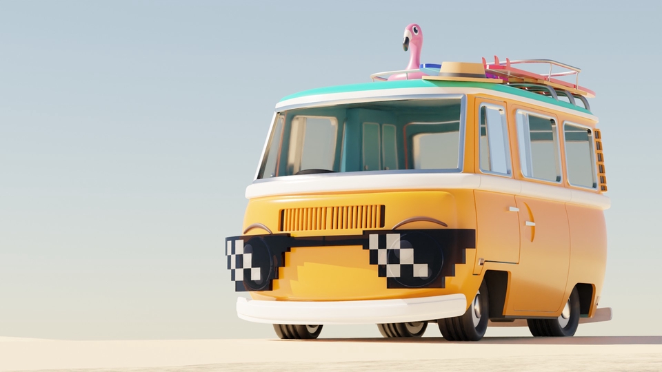 รับปั้นโมเดล 3D รถตู้แบบเรโทร สีเหลือง มีแว่นตา ลายขาวดำ