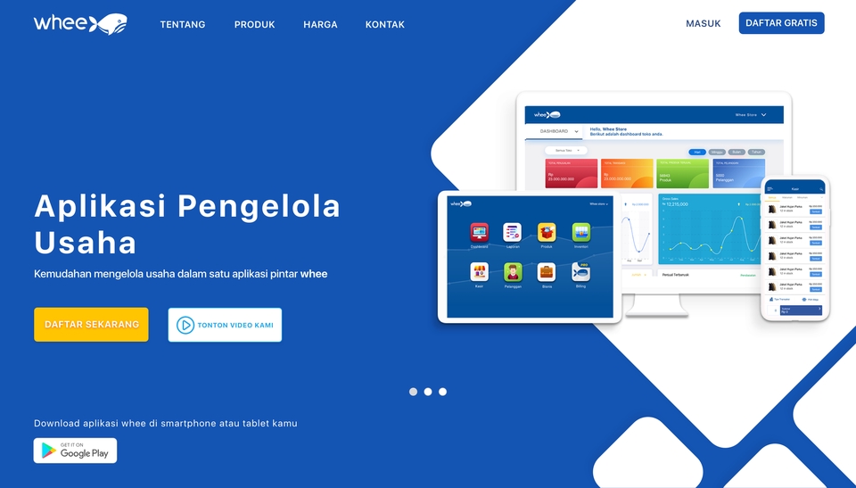 Desain UI UX aplikasi mobile untuk bisnis, tampilan layar utama dengan dashboard untuk mengelola usaha