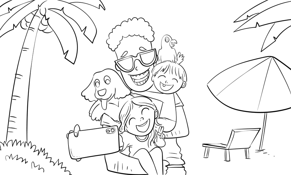 Ilustrasi kartun keluarga sedang berlibur di pantai dengan anjing, burung, dan kamera