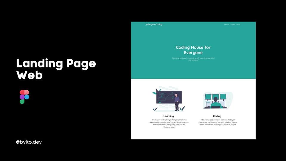 Desain landing page web untuk layanan belajar coding, dengan desain UI UX yang menarik dan mudah dipahami.