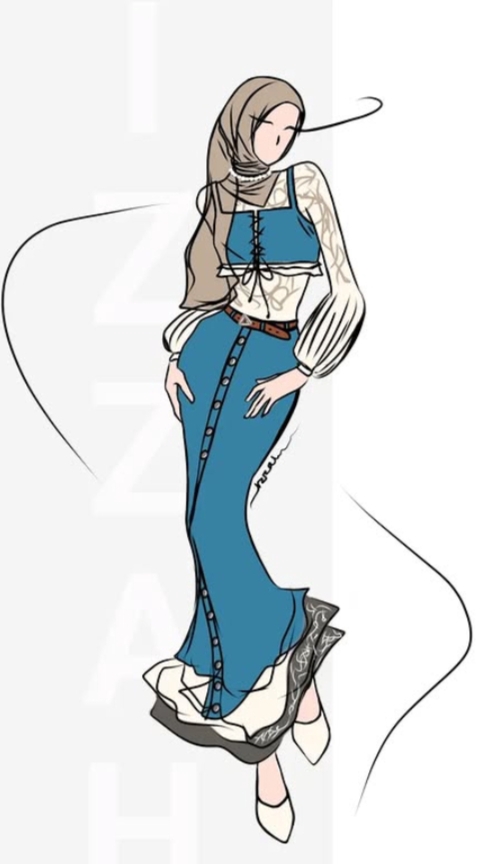 Desain baju muslimah modern dengan rok panjang dan hijab.