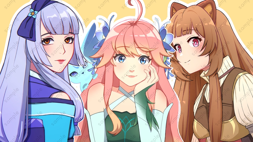 Ilustrasi digital anime wanita berambut pink, biru, dan cokelat dengan detail dan warna yang menarik.