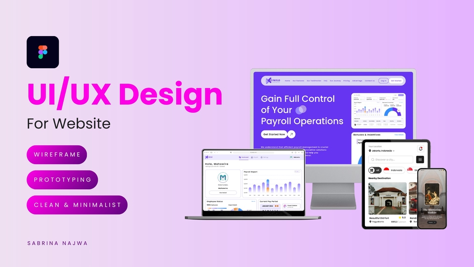 Desain UI UX website dengan tampilan bersih dan minimalis, dengan contoh mockup desain website dan aplikasi mobile.