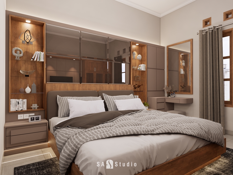 Jasa desain interior kamar tidur minimalis dengan konsep modern dan elegan, cocok untuk hunian Anda.