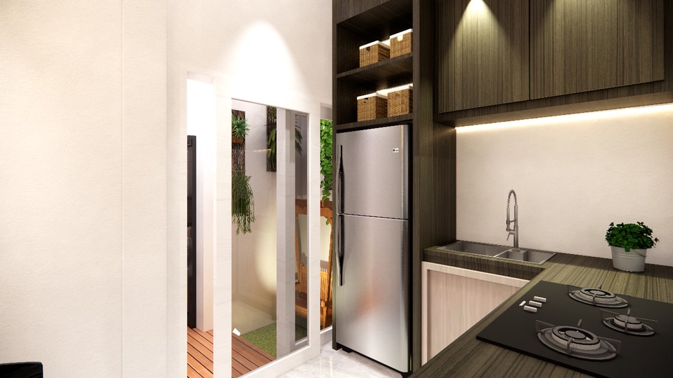 Desain interior dapur minimalis modern dengan kitchen set dan lemari kabinet.
