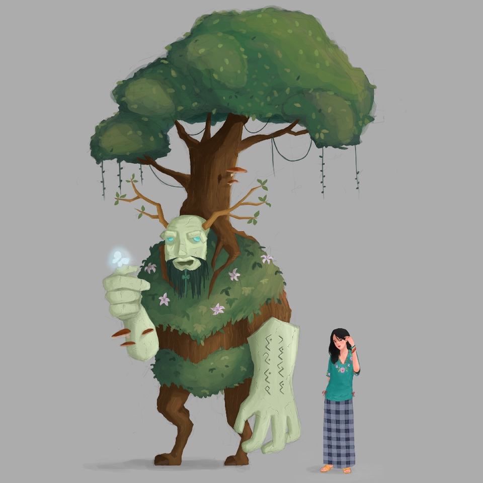 Ilustrasi kartun seorang pria berjubah daun hijau memegang bunga dan seorang perempuan berdiri di sampingnya