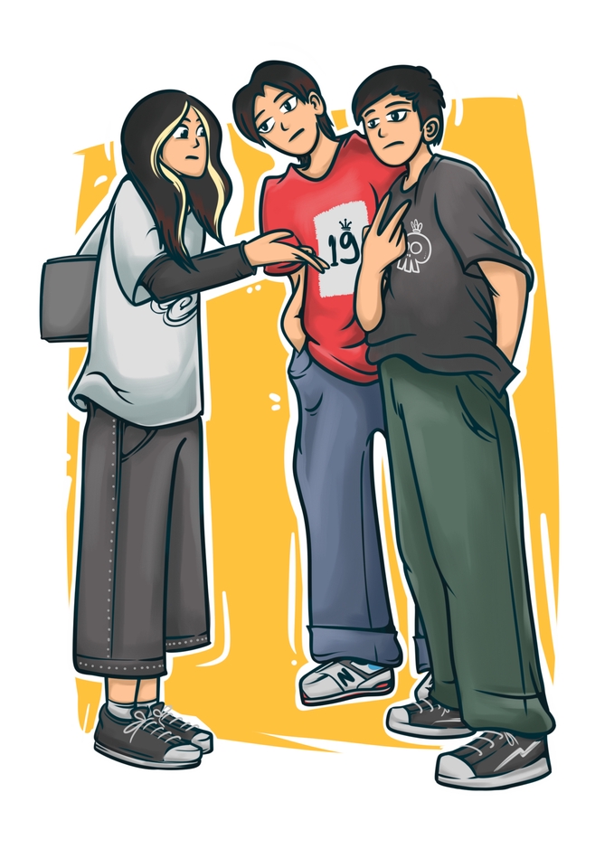 Ilustrasi tiga orang, seorang perempuan berambut cokelat sedang berbicara dengan dua laki laki. Mereka berada di sebuah taman dengan latar belakang berwarna kuning.