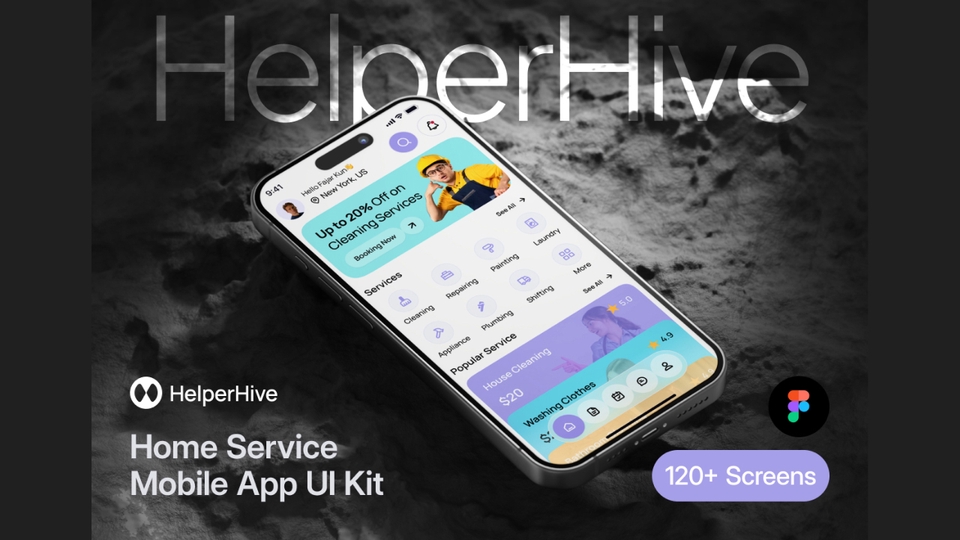 Desain UI UX aplikasi mobile HelperHive untuk jasa layanan rumah, termasuk antarmuka untuk memesan dan melacak layanan, serta profil pengguna dan riwayat pesanan.