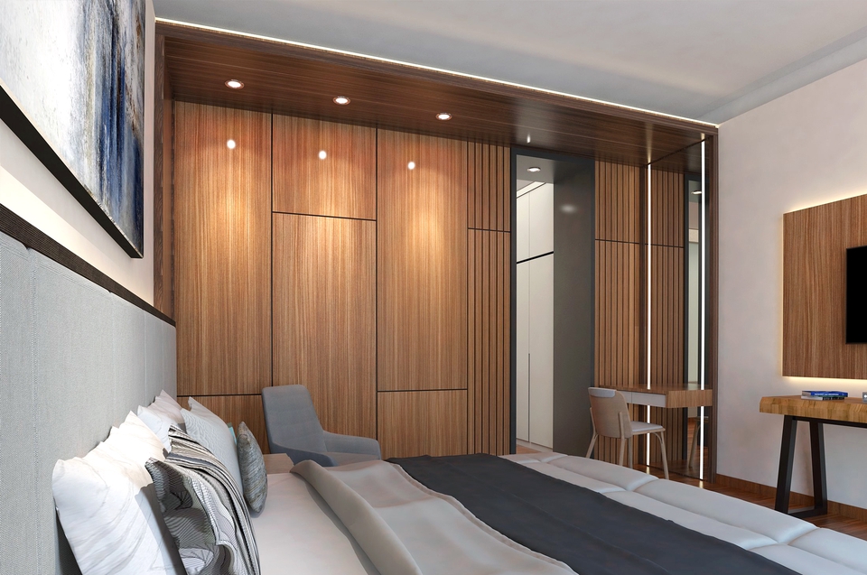 Desain interior kamar tidur minimalis modern dengan sentuhan kayu dan pencahayaan yang baik, cocok untuk jasa desain interior apartemen atau rumah.