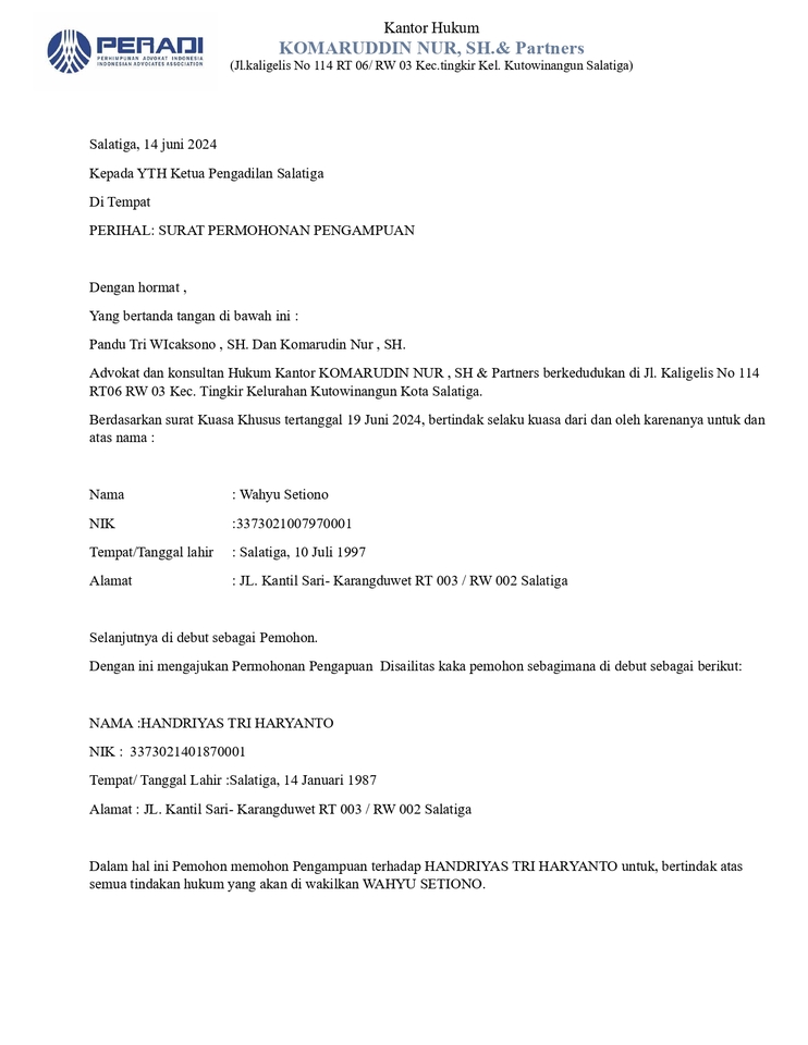 Surat permohonan pengampunan dari Komaruddin Nur, SH. & Partners kepada Handriyas Tri Haryanto dengan jasa pengacara dan konsultan hukum