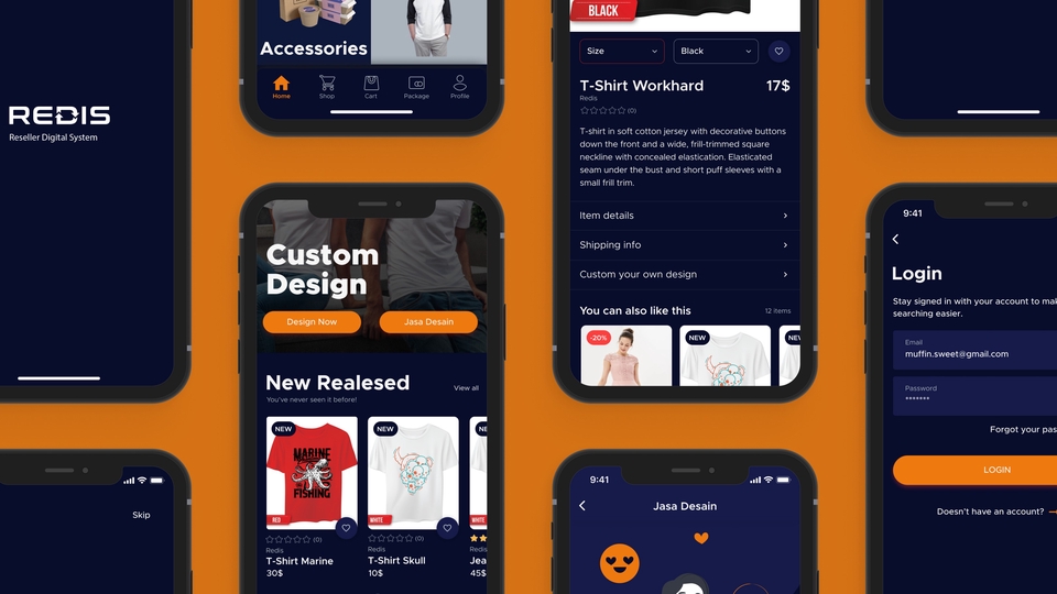 Desain UI UX mobile aplikasi untuk e-commerce fashion, menampilkan fitur desain kustom dan pembelian pakaian.