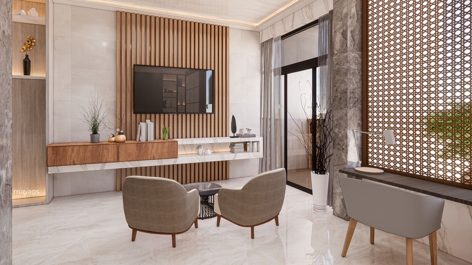 Desain interior ruang tamu modern minimalis dengan sofa dan televisi. Jasa desain interior rumah, jasa arsitek rumah, desain interior apartemen.