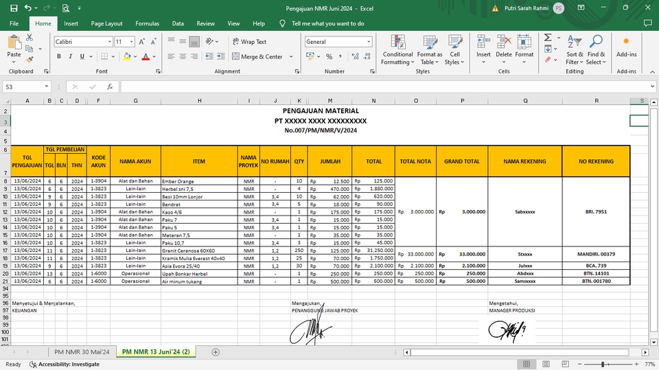 Jasa input data excel pengumpulan data material untuk PT XXXX XXXX