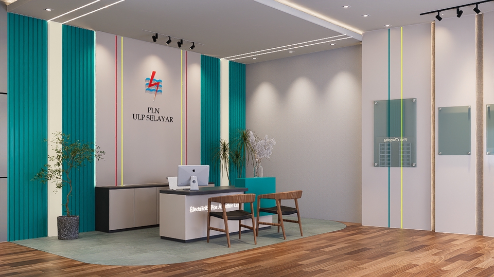 Desain interior kantor minimalis dan modern dengan sentuhan warna biru dan hijau, cocok untuk ruangan kerja dan meeting, desain interior kantor, jasa desain kantor, desain interior kantor minimalis, desain kantor modern.