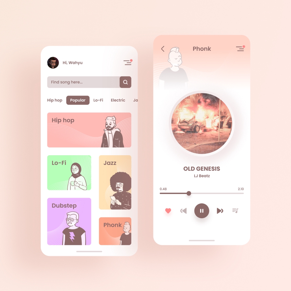 Desain UI UX aplikasi musik mobile dengan tampilan yang sederhana dan modern.