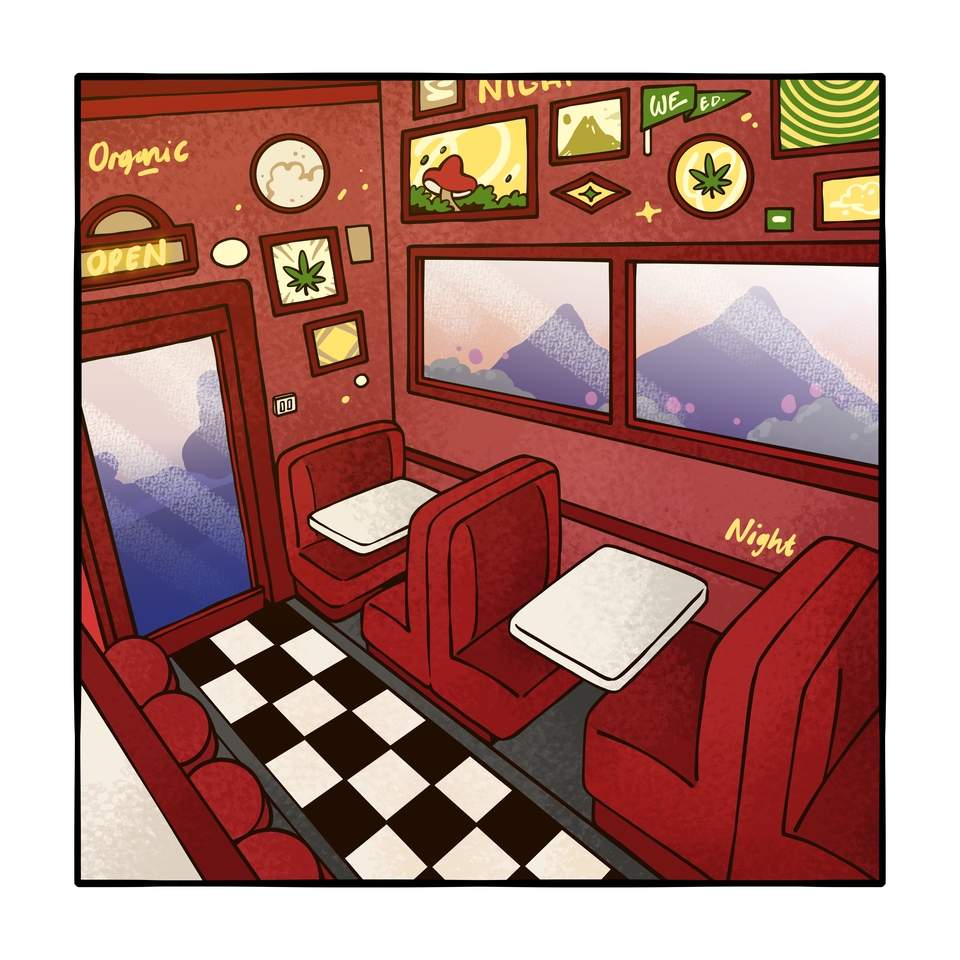 Ilustrasi restoran dengan desain interior vintage, menampilkan meja, kursi, dan jendela dengan pemandangan pegunungan.  Cocok untuk jasa desain interior dan ilustrasi restoran.