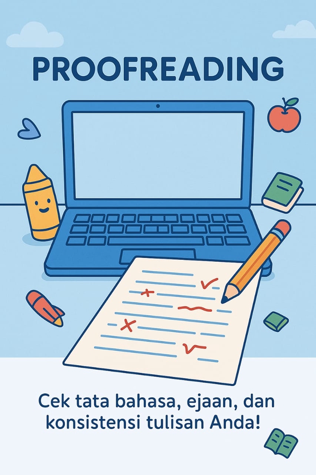 Jasa proofreading teks dengan laptop, kertas, pensil, dan tanda cek. Cek tata bahasa, ejaan, dan konsistensi tulisan Anda dengan layanan proofreading kami.