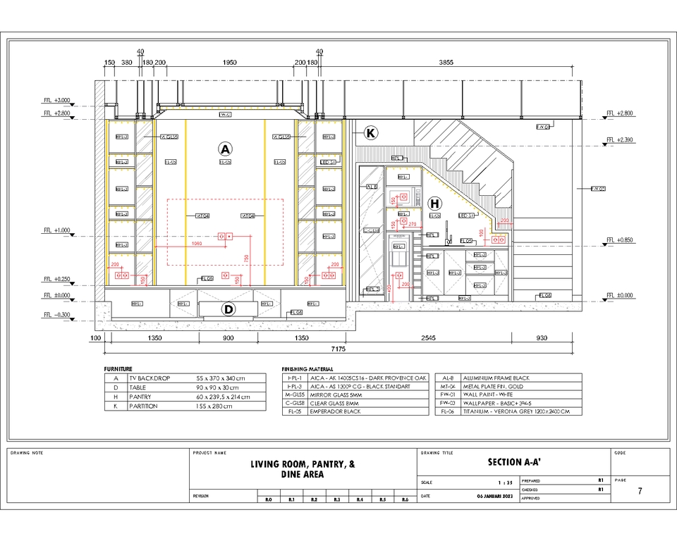 Jasa drafter autocad untuk desain ruangan living room, pantry, dan area makan.