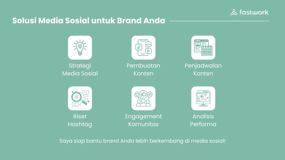Jasa digital marketing untuk meningkatkan brand Anda di media sosial, meliputi strategi media sosial, pembuatan konten, penjadwalan konten, riset hashtag, engagement komunitas, analisis performa.
