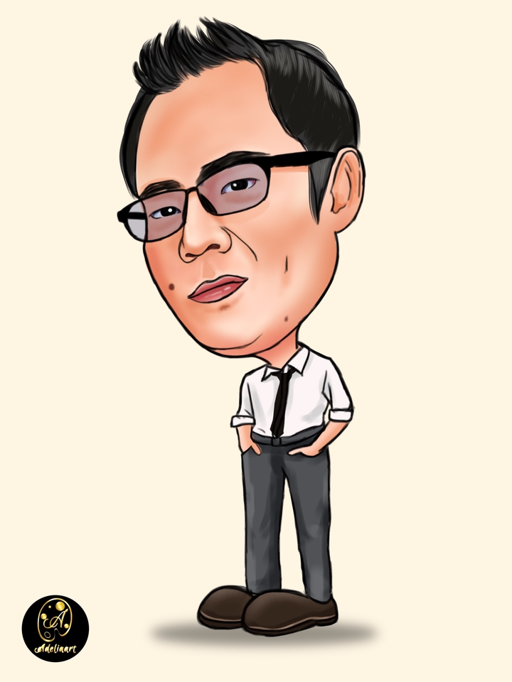 Jasa pembuatan karikatur digital wajah pria dengan gaya profesional menggunakan pensil hitam putih, untuk freelance dan profesional di Indonesia.