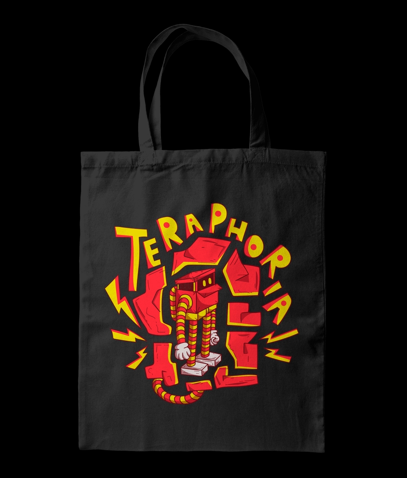 Jasa ilustrasi karakter robot berwarna merah dengan latar belakang kuning dan merah untuk platform freelancing di Indonesia.